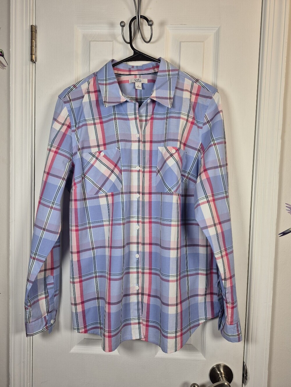 Croft & Barrow Blue Pink Plaid Shirt L Stretch Cotton Coastal Grandmother Preppy